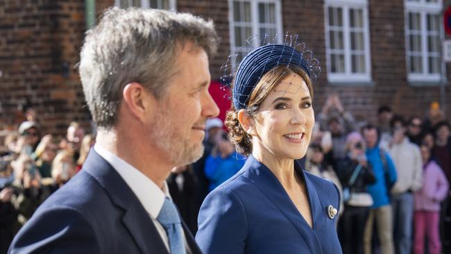 Queen Mary wore a simple navy dress by fashion designer Soeren Le Schmidt, stitched by Birgit Hallstein. Picture: Getty Images