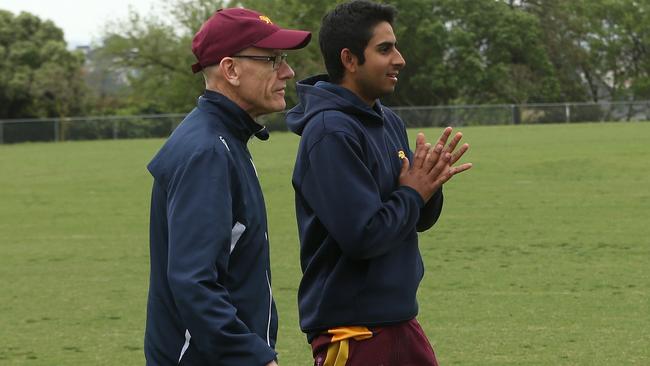 Fitzroy Doncaster captain Ejaaz Alavi (right) and coach Mick O'Sullivan in 2018. Picture: Hamish Blair