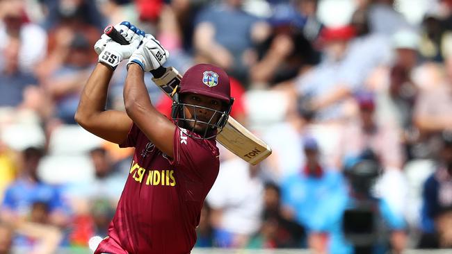 LEEDS, ENGLAND - JULY 04: Nicholas Pooran of West Indies hits to long off  during the Group Stage match of the ICC Cricket World Cup 2019 between Afghanistan and West Indies at Headingley on July 04, 2019 in Leeds, England. (Photo by Michael Steele/Getty Images)