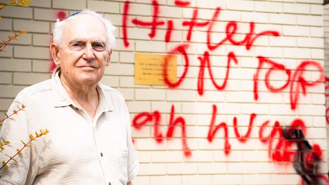 Southern Sydney Synagogue President George Foster stands in front of the vandalised synagogue. Photo: Tom Parrish