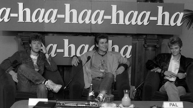 Norwegian rock group A-ha members Mags Furuholmen (left), Morten Harket and Pal Waaktaar give a press conference in Melbourne in 1986.