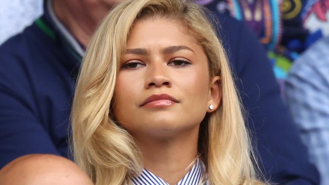 LONDON, ENGLAND - JULY 14: Zendaya looks on during the Gentlemen's Singles Final between Novak Djokovic of Serbia and Carlos Alcaraz of Spain during day fourteen of The Championships Wimbledon 2024 at All England Lawn Tennis and Croquet Club on July 14, 2024 in London, England. (Photo by Clive Brunskill/Getty Images)