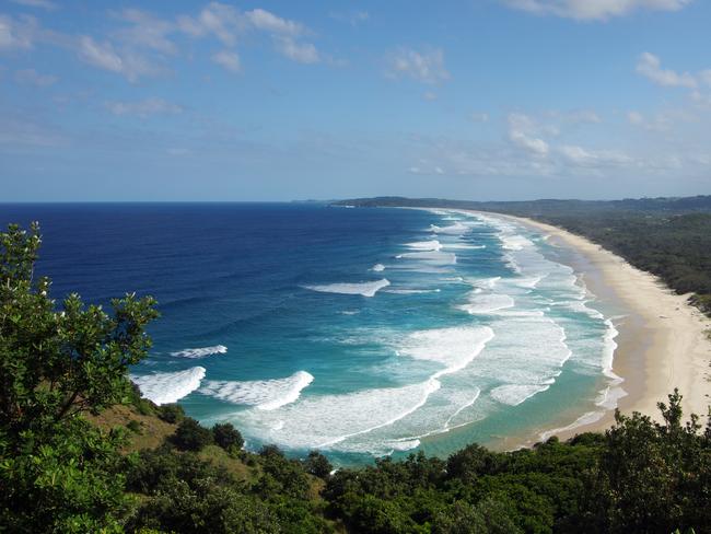 Tallow Beach, a long stretch of beach near Byron Bay, is a popular surf spot in New South Wales, Australia