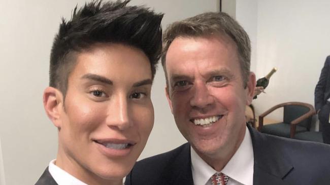 Human Ken doll Justin Jedlica with Education Minister Dan Tehan