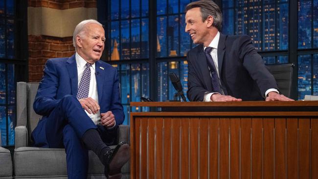 US President Joe Biden with host Seth Meyers during a taping of<i/>Late Night with Seth Meyers<i/>in New York City on February 26, 2024. Picture: Jim Watson/AFP