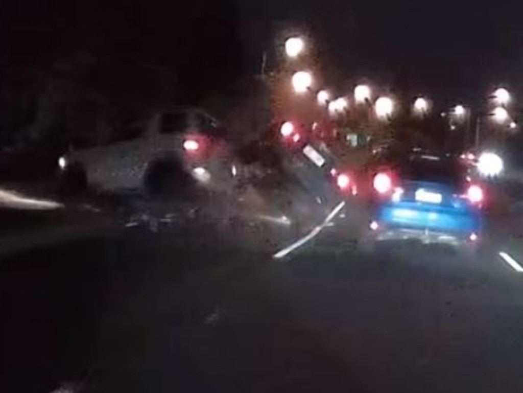 Shocking footage has captured the moment of a destructive crash at Hale St, near Suncorp Stadium, on Friday night. Picture: Dash Cam Owners Australia