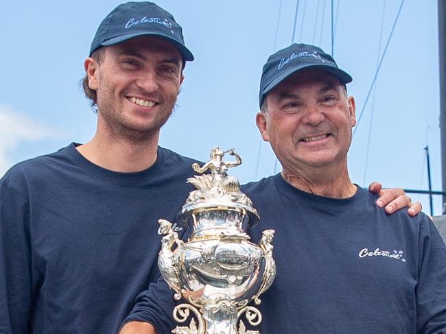 Will and Sam Haynes at the presentation of the Tattersalls cup on board Celestial.Picture: Linda Higginson