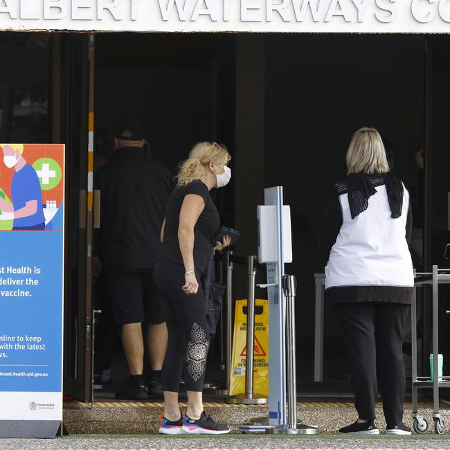 Day 2 in lockdown. Members of the public line up to get tested for Covid at the Albert Waterways Community centre. Picture: Tertius Pickard