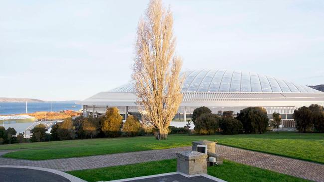 Architects renders supplied to RSL Tasmania showing the proposed Macquarie Point AFL Stadium from the Hobart Cenotaph.