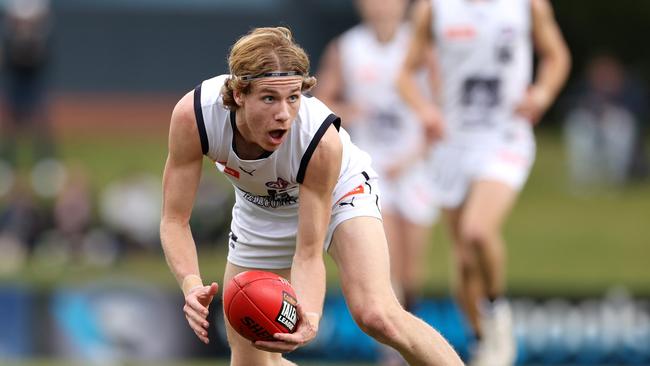 Angus Hastie looks for an option. Picture: Jonathan DiMaggio/AFL Photos