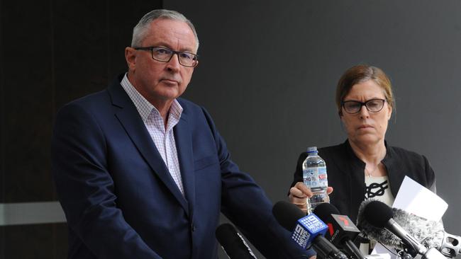 Back off... Brad Hazzard and Kerry Chant at media conference today. Picture: AAP