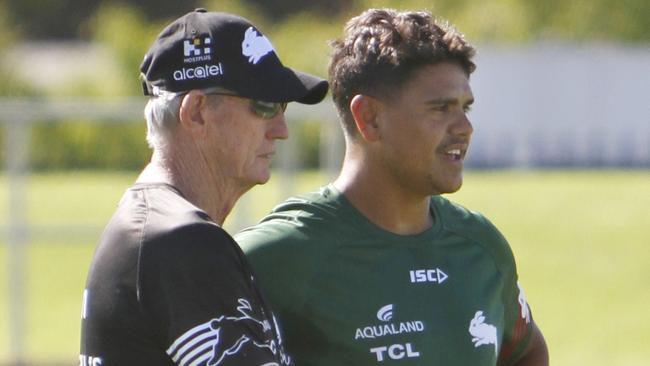 SUNDAY TELEGRAPH SPECIAL.  New South Sydney NRL signing Latrell Mitchell at a warm up session in Mudgee before the charity shield match. (L to R) Coach Wayne Bennett with Latrell Mitchell.