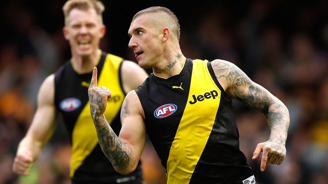 Dustin Martin celebrates a goal for Richmond.