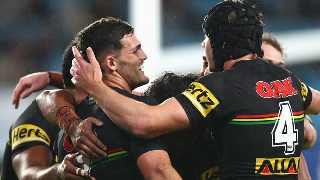 The Panthers celebrate a try against Parramatta. Picture: Getty Images