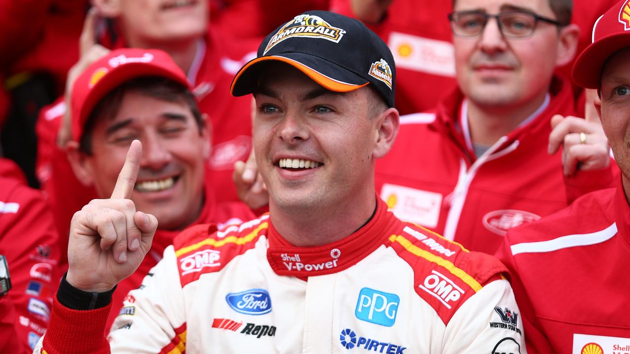 Scott McLaughlin celebrates after he took pole position in the Top 10 Shootout. Picture: Robert Cianflone