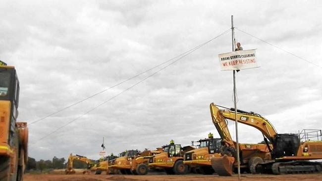 Protesters have suspended themselves from poles at the Adani mine site. Picture: Frontline Action on Coal