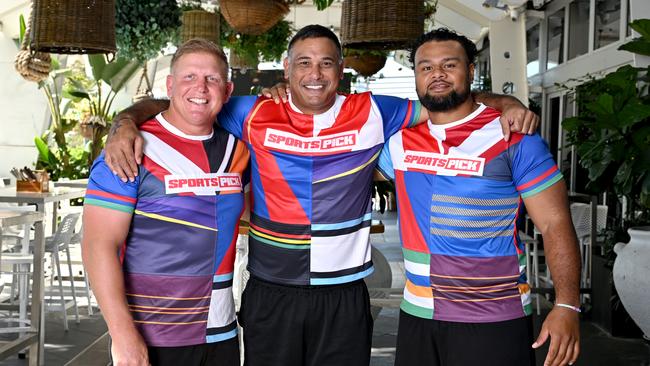 (L-R) Ben Hannant, Justin Hodges and Dunamis Lui in Tip Kit jumpers.