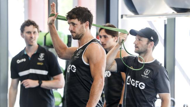 Boak working on his shoulder at Port Adelaide training camp, Maroochydore Queensland in December. He said following surgery it was so bad he thought his career might be up. Picture SARAH REED