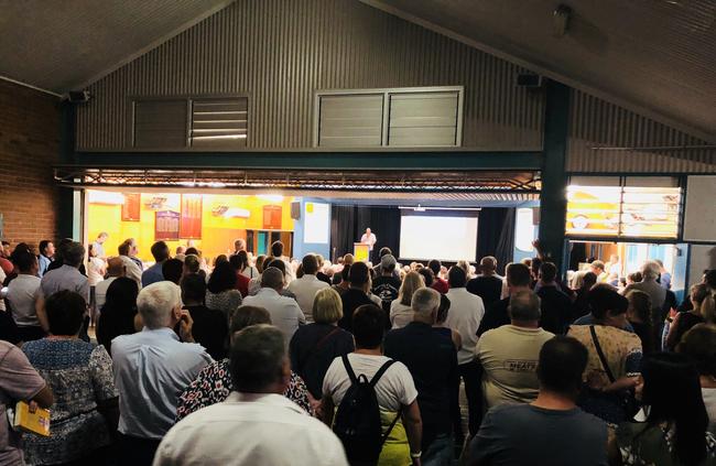 Close to 500 community members united at Cobbitty Public School hall on Wednesday night, following the announcement of the M9 Outer Sydney Orbital draft corridor. Picture: Daniel McGookin