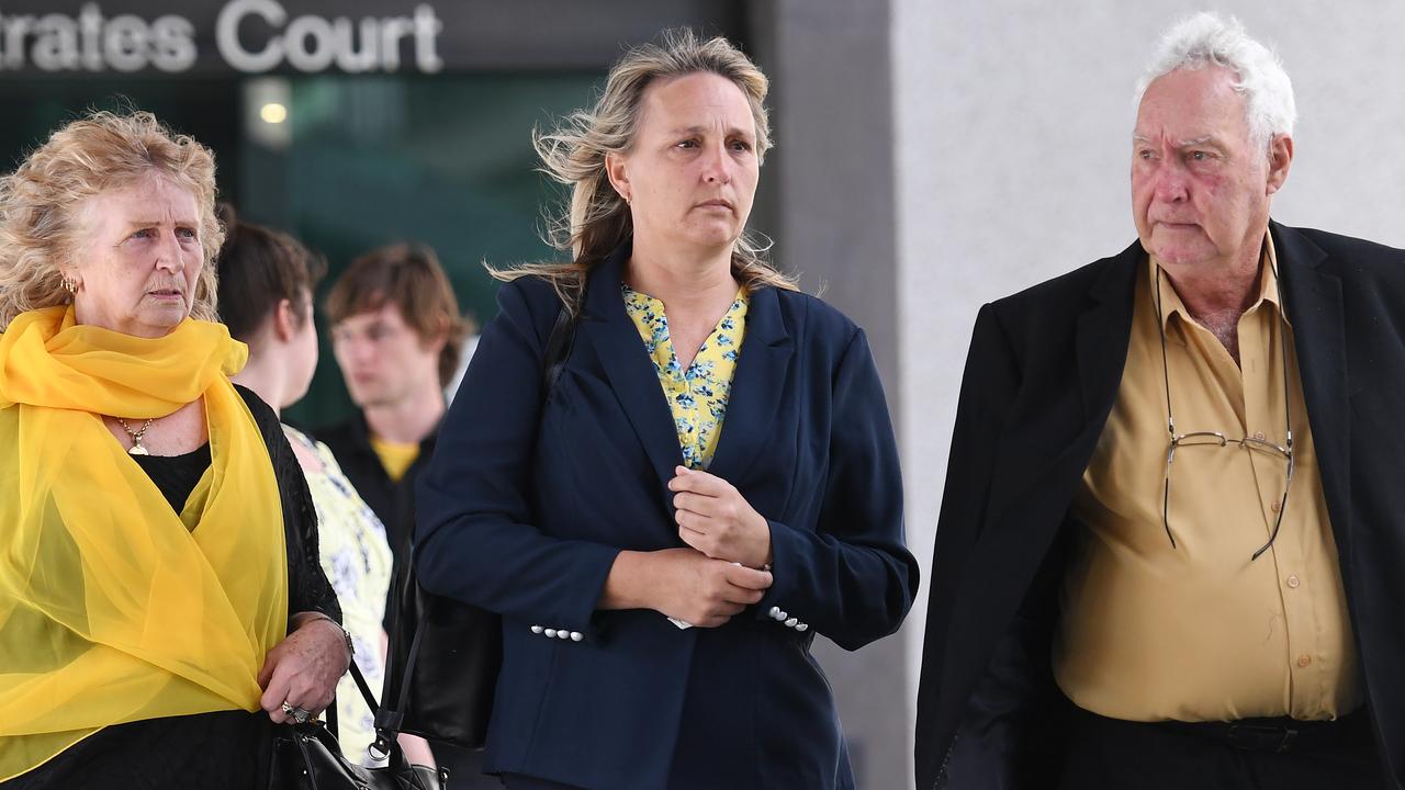 Annette Mason's (L-R) mother Jean, sister Linda and father Mick Mason leave the Coroners Court in Brisbane.