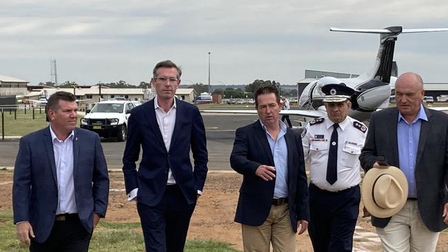 Dubbo state Nationals MP Dugald Saunders, Premier Dominic Perrottet, Deputy Premier Paul Toole, NSW Rural Fire Service Commissioner Rob Rogers and Emergency Services David Elliot announce the relocation of RFS aircraft. Picture: Ryan Young