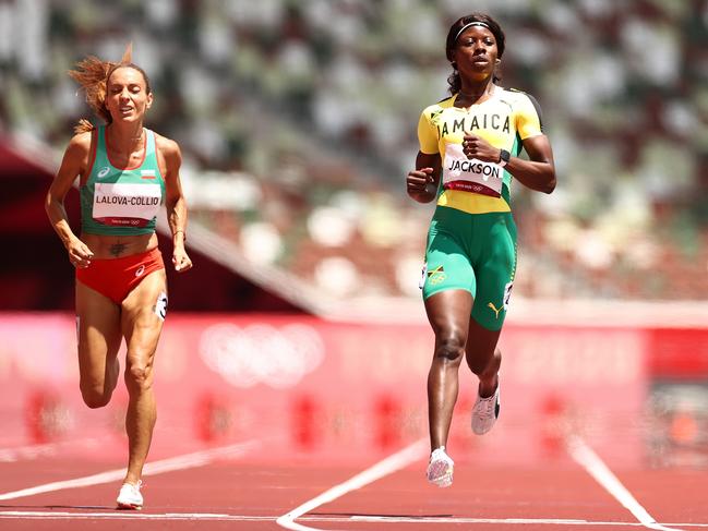 Bulgaria’s Ivet Lalova-Collio and Jamaica’s Shericka Jackson in the 200m heats. Picture: Getty Images