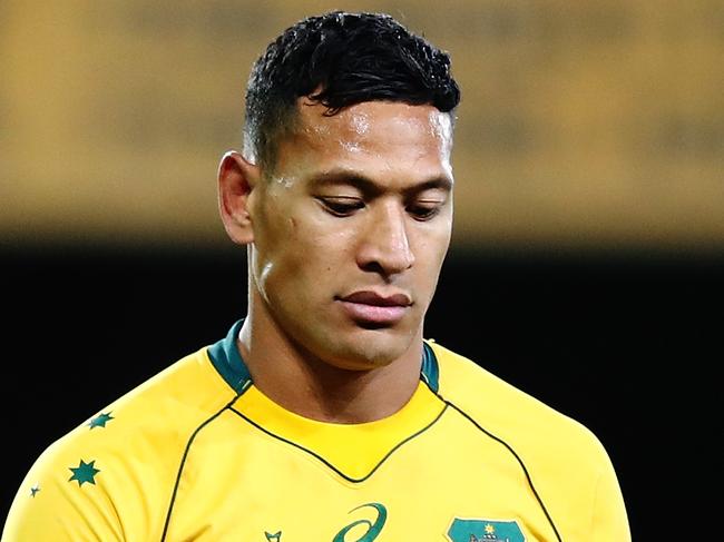 DUNEDIN, NEW ZEALAND - AUGUST 26:  Israel Folau of the Wallabies looks on during The Rugby Championship Bledisloe Cup match between the New Zealand All Blacks and the Australia Wallabies at Forsyth Barr Stadium on August 26, 2017 in Dunedin, New Zealand.  (Photo by Hannah Peters/Getty Images)