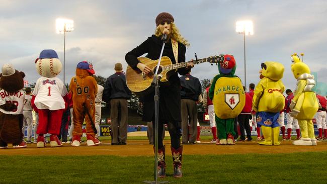 Taylor sings the national anthem before a baseball game at her home stadium in Reading, Pennsylvania. Picture: Krissy Krummenacker/MediaNews Group/Reading Eagle/Getty Images