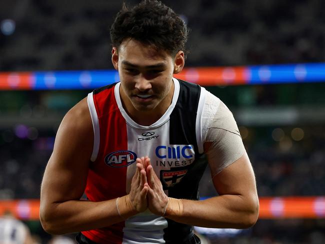 Mitch Owens takes a bow after kicking a goal against Fremantle.