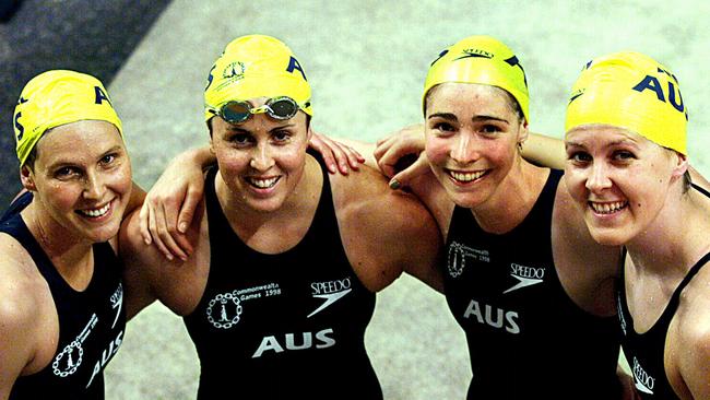 Susie O'Neill, Giaan Rooney, Petria Thomas and Helen Denman celebrate relay gold in 1998.