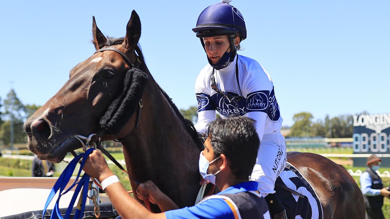 SYDNEY, AUSTRALIA - JANUARY 16: Rachel King on Harpo Marx returns to scale after winning race 4 the Precise Air Handicap during Sydney Racing at Rosehill Gardens on January 16, 2021 in Sydney, Australia. (Photo by Mark Evans/Getty Images)