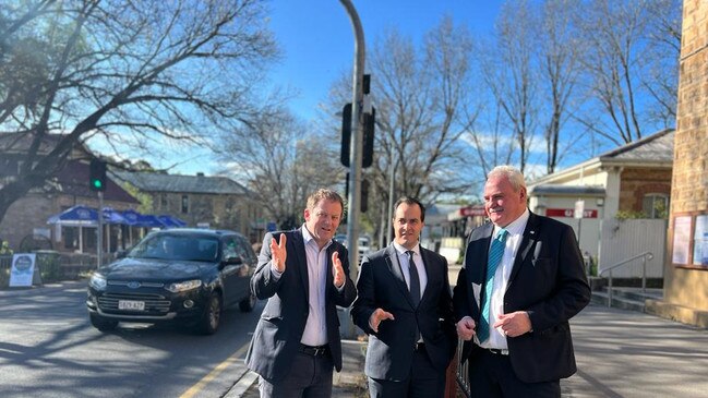 Member for Heysen Josh Teague, Shadow Minister Infrastructure and Transport Vincent Tarzia and Shadow Minister Regional Roads Adrian Pederick inspect the Hahndorf main street.