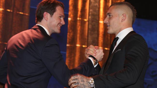 Patrick Dangerfield congratulates Dustin Martin on his Brownlow win. Picture: Michael Klein