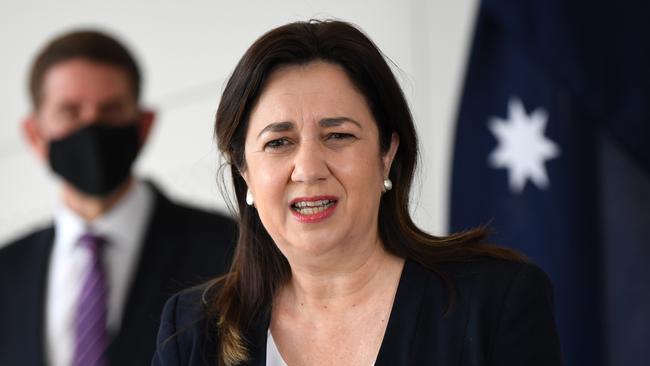 Queensland Premier Annastacia Palaszczuk speaks to reporters. Picture: NCA NewsWire / Dan Peled