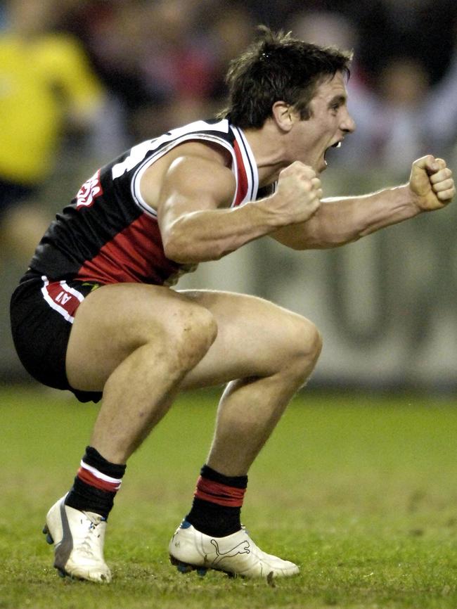 Stephen Milne celebrates one of his 13 goals against the Lions in 2005.