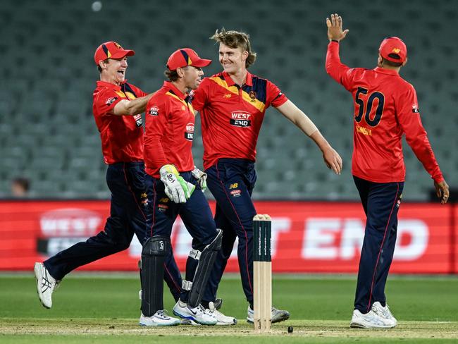 South Australia’s Henry Thornton celebrates a wicket. Picture: Getty Images