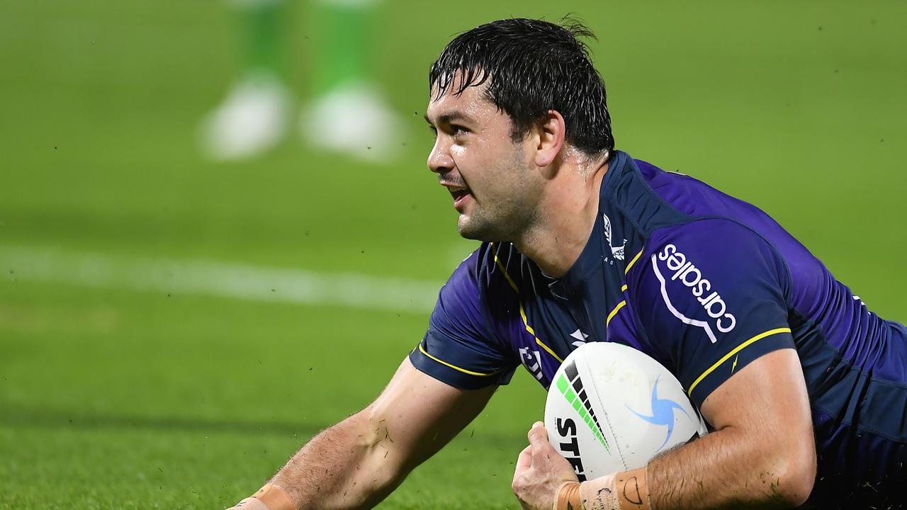 SUNSHINE COAST, AUSTRALIA - AUGUST 12: Brandon Smith of the Storm scores a try during the round 22 NRL match between the Melbourne Storm and the Canberra Raiders at Sunshine Coast Stadium, on August 12, 2021, in Sunshine Coast, Australia. (Photo by Albert Perez/Getty Images)