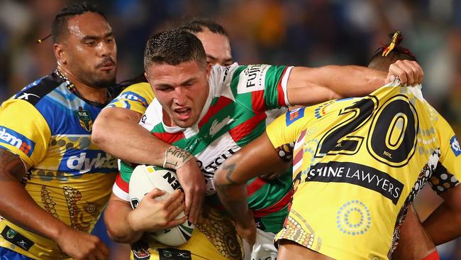 Sam Burgess on the charge for the Rabbitohs.