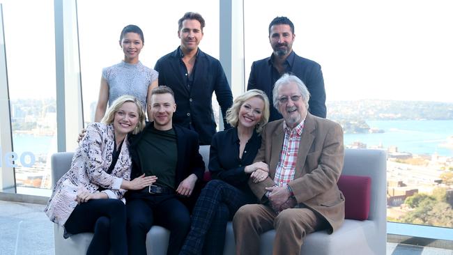 Back To The Rafters cast Rebecca Gibney, Hugh Sheridan, Angus McLaren, Michael Caton, George Houvardas and Georgina Haig at the Amazon Prime launch. Picture: NCA NewsWire / Nikki Short