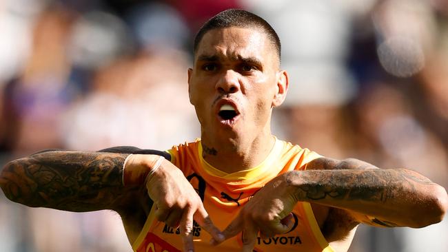 PERTH, AUSTRALIA - FEBRUARY 15: Michael Walters of the Indigenous All Stars celebrates a goal during the 2025 Toyota AFL Indigenous All Stars match between the Indigenous All Stars and the Fremantle Dockers at Optus Stadium on February 15, 2025 in Perth, Australia. (Photo by Dylan Burns/AFL Photos via Getty Images)