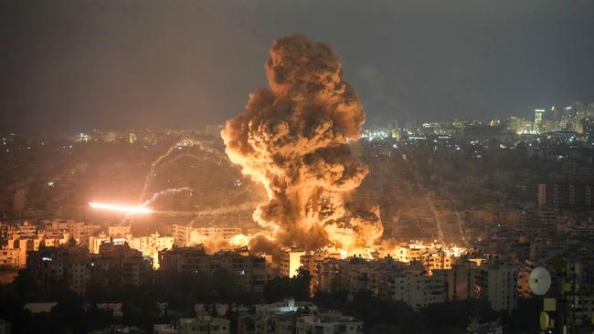 An Israeli airstrike in Dahiyeh, southern Beirut on Sunday. Picture: AP