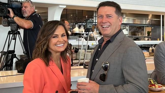 Karl Stefanovic and Lisa Wilkinson are spotted chatting at the Logie nominations on the Gold Coast this morning. Picture: Jonothan Moran