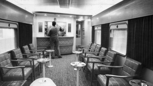 The Club car on Adelaide-Melbourne Overland Express being prepared at the Islington workshops, 1970.