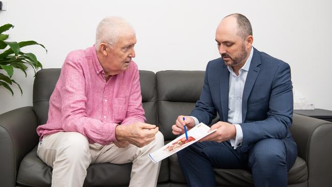 Mr Byrne and Dr Whiting discussing the invasive Ivor Lewis Esophagectomy surgery, a first at the Townsville Private Hospital.