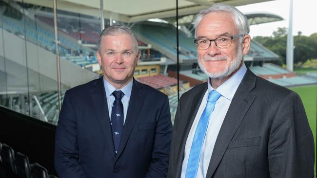 Santos CEO Kevin Gallagher (R) and chair Keith Spence at the Santos AGM at Adelaide Oval, Thursday, May 2, 2019. (Picture: AAP Image)