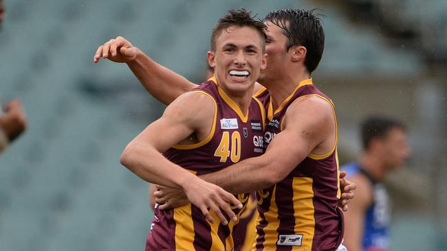 SPORT - WAFL grand final, Subiaco vs East Perth, Patersons Stadium, Perth. Photo by Daniel Wilkins. PICTURED- Subiaco's Josh Deluca celebrates an early goal.