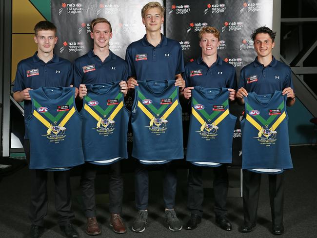 Nick Bryan with Oakleigh Chargers teammates Dylan Williams, Noah Anderson, Matt Rowell and Trent Bianco at the AFL Academy jumper presentation. Picture: Michael Dodge/Getty Images