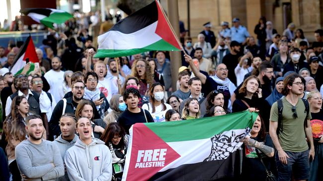 Rally For A Free Palestine protest event at Town Hall in Sydney following the recent outbreak of war between Israel and Palestine. Picture: NCA NewsWire / Jeremy Piper