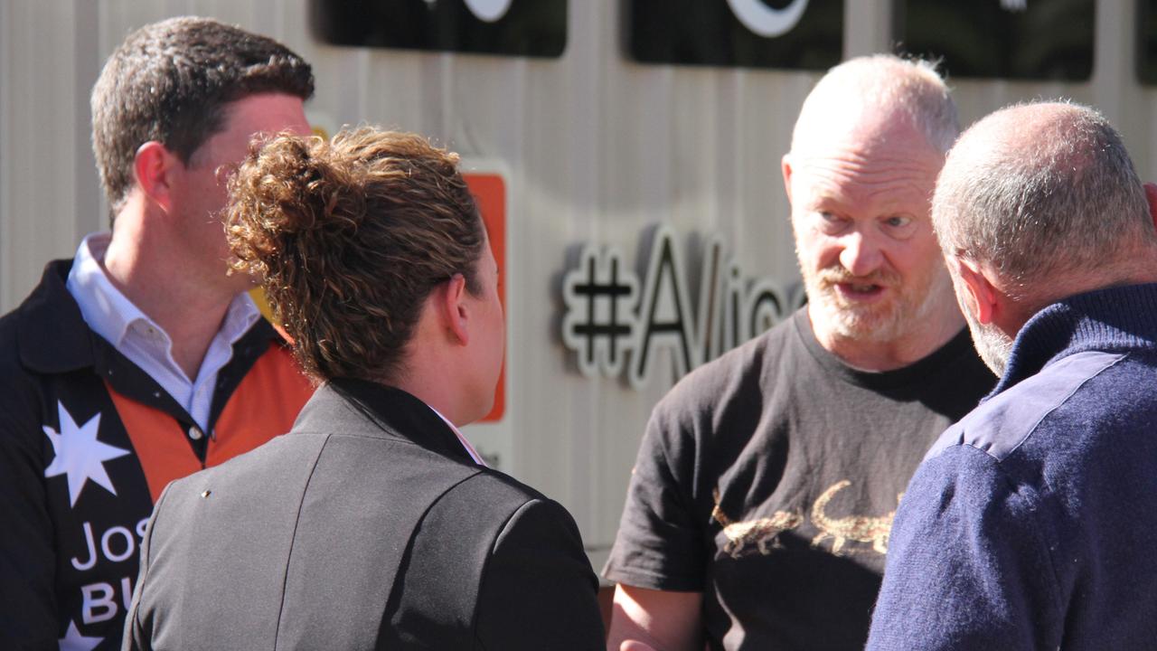 Alice Springs Reptile Centre director Rex Neindorf chats with CLP leader Lia Finocchiaro and CLP members Bill Yan and Josh Burgoyne in Alice Springs on July 31, 2024. Picture: Gera Kazakov