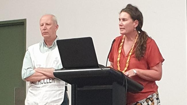 Blue Mountains state Labor MP and Lawson resident Trish Doyle with deputy incident controller David Crust at Tuesday’s Lawson community fire meeting. Picture: Isabell Petrinic